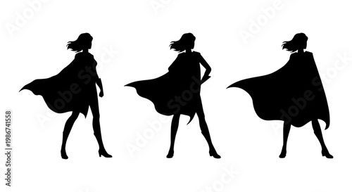 Superhero woman silhouette set, powerful female hero with flowing cape in three poses, brave girl warrior vector collection for leadership and empowerment