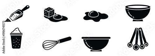 Collection of black and white cooking and baking ingredients and kitchen tools, perfect for culinary blogs, recipe instruction guides, or food preparation application interfaces.