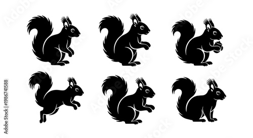 Black squirrel silhouette collection, set of 6 forest animal vector icons, minimalist wildlife graphics for nature branding and logo design