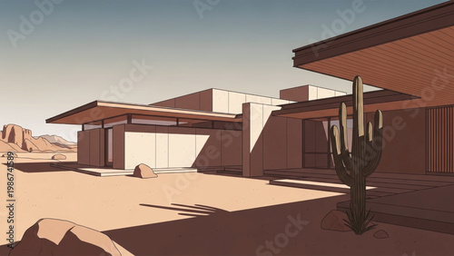Modern desert home with flat roof and cactus in sandy landscape with rocky outcrops.