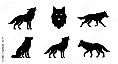 Wolf silhouette collection, black howling wolf and predator head icons, set of 6 wild animal vector elements for outdoor branding and logos