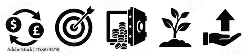 Financial management and investment success icons for business strategy, money growth, savings, and wealth accumulation projects