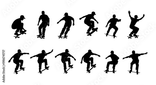 Skateboarder silhouette vector set, 12 skater figures performing tricks and stunts, black urban extreme sports icons on white background
