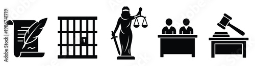 Legal system icons depicting justice, crime, legal documentation, court proceedings, and judicial authority for law related presentations and educational materials.