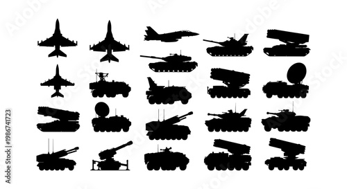 Military vehicle silhouettes set, 20 army combat equipment icons, black war machine vector collection, armored tanks and fighter jet planes