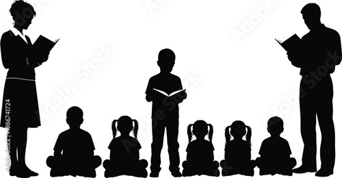 Diverse group of children and teachers reading books together silhouette vector illustration isolated on white background for education school literacy and storytelling concepts