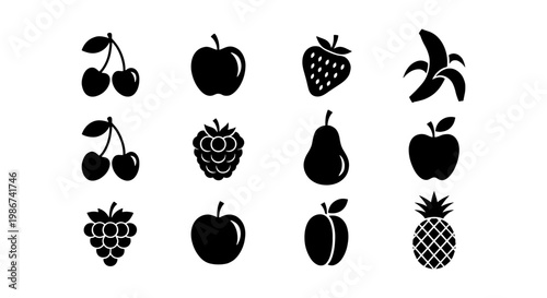 Minimalist fruit icon set, black silhouette food symbols, collection of 12 organic fruit vector elements for grocery apps and healthy lifestyle branding
