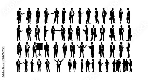 Professional business people silhouettes, set of 56 corporate office workers in suits, diverse group of businessmen and women vector icons