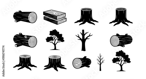 Black and white wood log icons set, timber industry and forestry vector elements, tree stump and lumberjack woodcraft symbols on white background