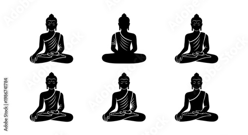 Buddha silhouette icons set, meditating monk figures in lotus position, black religious spiritual vector elements for yoga and mindfulness design