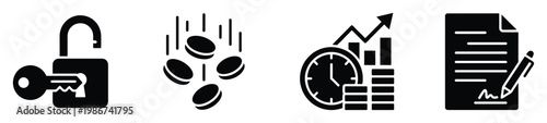 Business and financial icons representing security, income generation, time based investment growth, and legal agreement signing for diverse commercial applications