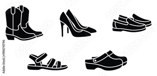 Collection of diverse footwear featuring cowboy boots high heels loafers sandals and clogs representing various shoe styles for apparel and lifestyle themed content
