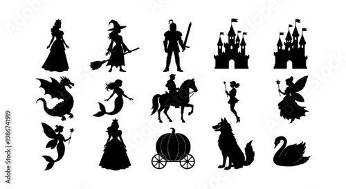 Fairytale silhouette collection with 15 fantasy icons, medieval storybook character silhouettes, black mythical creature vector set for storytelling
