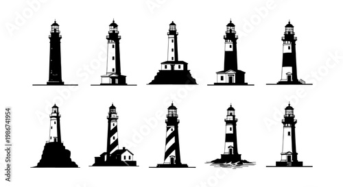 Nautical lighthouse silhouettes set, 10 black and white beacon icons, minimalist maritime tower vector illustrations for coastal branding and logo design
