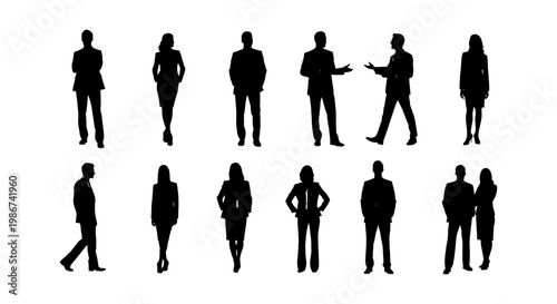 Business people silhouettes set, professional corporate men and women in suits, black standing figures collection for office presentations and web design