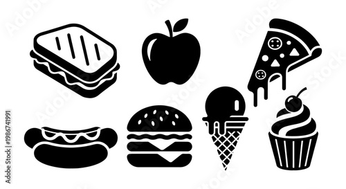 Black silhouette food icons set, minimalist fast food and snack vector elements, 7 flat solid symbols for restaurant menus and signage