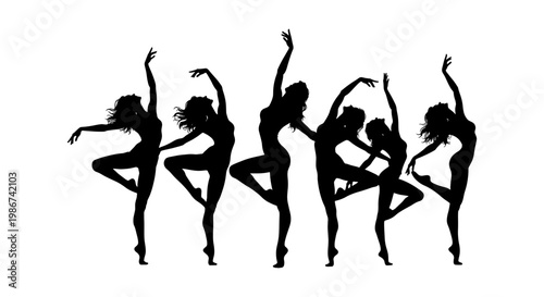 Graceful ballet dancer silhouettes in elegant poses, set of 6 female dancing figures, black vector outlines of rhythmic gymnasts and performers