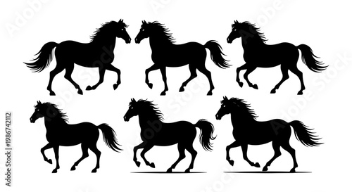Black horse silhouette collection, set of 6 galloping stallion vectors, wild mustang running poses, equestrian animal silhouettes for logo design