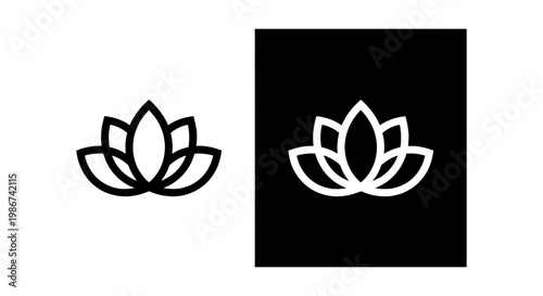 Minimalist lotus flower logo vector, zen lily floral icon set, black and white symmetrical yoga symbol, elegant wellness branding element