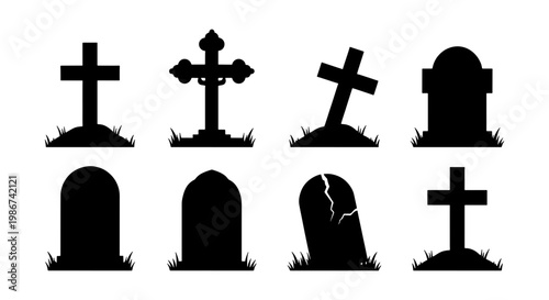 Spooky Halloween gravestone silhouettes set, 8 cemetery tombstone icons with crosses and cracked stone, creepy graveyard headstone vector elements