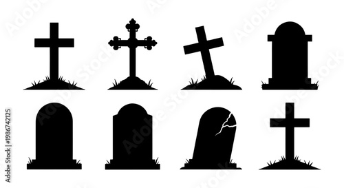 Spooky Halloween gravestone silhouettes, set of 8 cemetery tombstone icons, black graveyard headstone vector elements for horror design