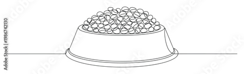 Continuous line drawing of a pet food bowl overflowing with kibble, perfect for veterinary marketing, pet store promotions, and animal nutrition content