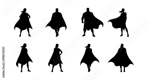 Superhero silhouette collection, 8 black vector icons of heroic men and women wearing capes, powerful character poses for comic book design