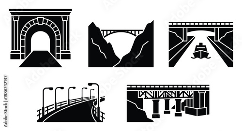 A collection of transportation infrastructure icons depicting various bridge and tunnel structures including archways viaducts and aqueducts suitable for graphic design and engineering