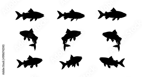 Black fish silhouette collection, set of 9 salmon or trout vector shapes, jumping and swimming fish icons isolated on white background