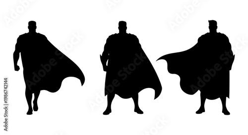 Superhero silhouette vector set, powerful heroic man with flowing cape, black comic book character silhouettes isolated on white background