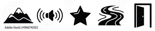 Modern vector icons featuring a mountain range, sound speaker, rating star, curvy road, and an open entryway for user interface and experience design.