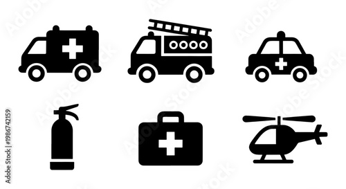 Emergency service icons set, black silhouette ambulance and fire truck vectors, medical rescue vehicle and first aid kit symbols for safety signage