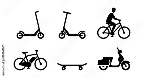 Urban micromobility icon set, black silhouette electric scooter and bicycle vectors, minimalist personal transport symbols for city commuting