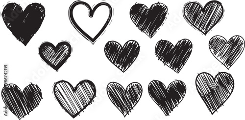 Set of Hand-Drawn Black Heart Sketches and Doodles