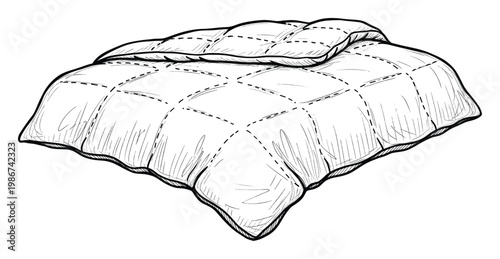 Detailed monochrome line drawing of a comfortable quilted blanket or comforter, perfect for home textile catalogs, bedding advertisements, or interior design concepts
