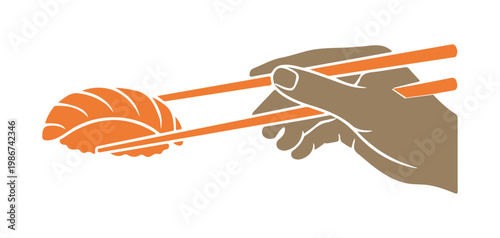 Creative artwork of sushi pinched by chopsticks.