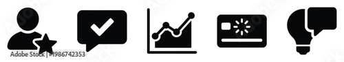 Essential business and communication vector icons depicting user ratings, confirmed messages, market growth, secure payments, and innovative solutions for professional digital platforms.