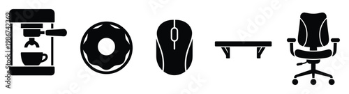 Essential work from home office equipment and break time treat icons for digital projects, web interfaces, and professional presentations