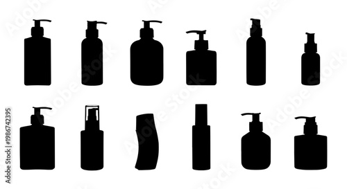 Cosmetic bottle silhouettes set, 12 beauty product dispenser icons, black pump bottle and spray container vector collection for skincare packaging design