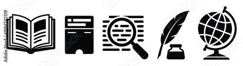 Collection of educational and historical knowledge symbols including open book document research tool writing instrument and world globe for academic projects and learning concepts