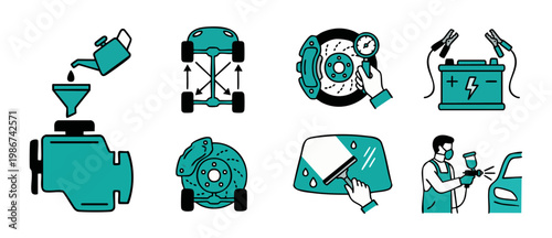 Car Maintenance and Auto Repair Icon Set - Flat Vector Graphics for Garage Services, Engine Oil Change, Brake Inspection, Tire Rotation, Car Painting, and Vehicle Battery Check for Professional Worksh