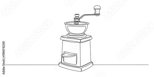 Elegant continuous line drawing of a vintage manual coffee grinder, perfect for kitchen decor, cafe branding, culinary concepts, and beverage packaging
