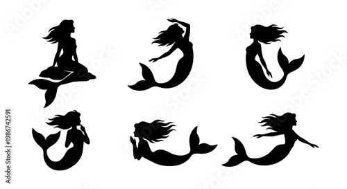 Mermaid silhouette collection, set of 6 mythical sea creature icons, black aquatic girl vector illustrations, nautical fantasy character graphics