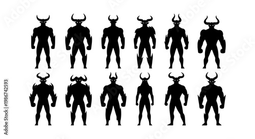 Demonic minotaur silhouettes set, mythical horned monster character collection, dark fantasy warrior beast icons, 12 vector creature shapes