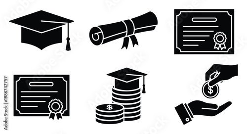 Graduation and education finance icons symbolizing academic achievement, scholarship, and tuition costs for university and college programs for various applications