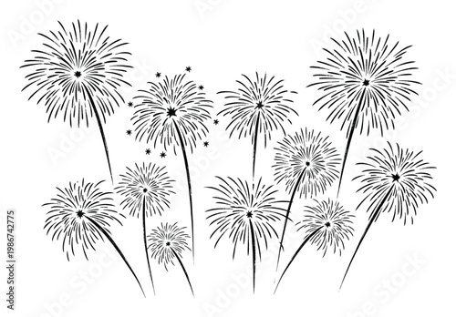 Stylized black and white fireworks display explosion for festive celebrations, holiday party invitations, event decor, or vibrant greeting card designs and marketing promotions