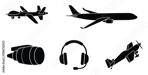 Collection of diverse aviation aircraft and equipment black silhouettes featuring a drone, commercial airplane, jet engine, pilot headset, and propeller plane for travel industry
