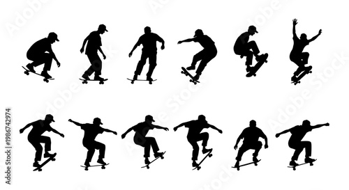 Skateboarder silhouette collection, 12 vector elements of skaters performing tricks, black urban extreme sports figures on white background
