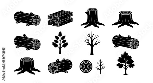Black wood log icons and timber silhouettes, set of 12 forestry vector elements, wooden trunk and tree stump symbols for woodworking industry