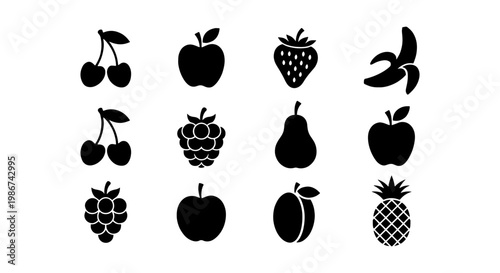 Minimalist fruit icon set, black silhouette fruit symbols, collection of 12 organic food vector elements for grocery apps and menu design